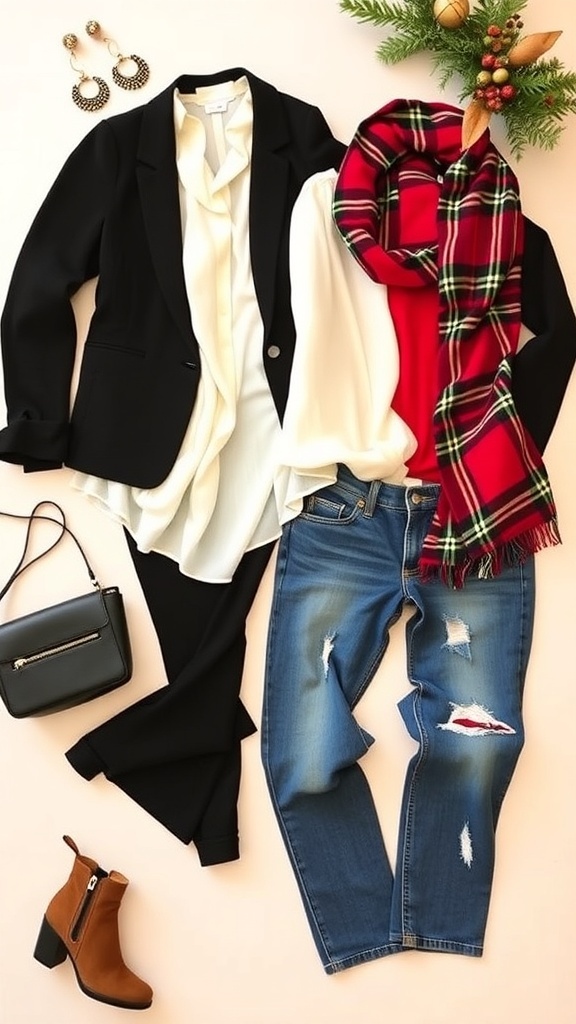 Flat lay of Christmas dinner outfit ideas with jeans, showcasing various stylish combinations.